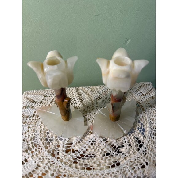 Vintage MCM Carved Onyx Flower Candle Stick Holders - Picture 13 of 16